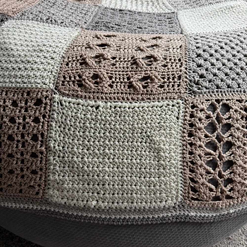 Handmade‎ Crochet Patchwork Blanket Neutral Taupe Grey Cream Throw 62x55 Soft